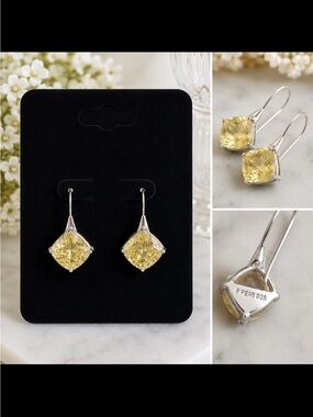 925 Sterling Silver Cushion Cut Yellow Crystal Leverback Earrings